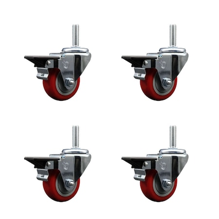 Service Caster 3 Inch Red Polyurethane Wheel Swivel 34 Inch Threaded Stem Caster Set with Brake SCC SCC-TS20S314-PPUB-RED-PLB-34212-4